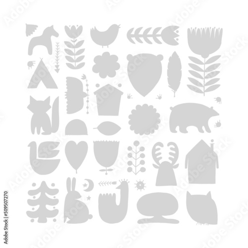 Card Design with Nordic Ornament. Forest Animals, Folk Background