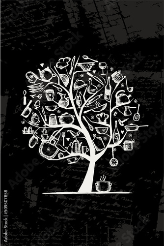 Art tree with kitchen utensils, sketch drawing for your design