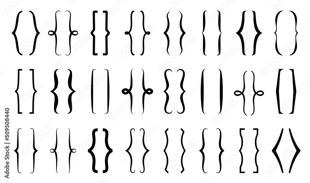 Parenthesis text brackets, curly round and square elegant frames, vector. Parenthesis line borders, vintage doodle design of boarders and frame dividers, typography curly decoration symbols Parenthesis text brackets, curly round and square elegant frames, vector. Parenthesis line borders, vintage doodle design of boarders and frame dividers, typography curly decoration symbols