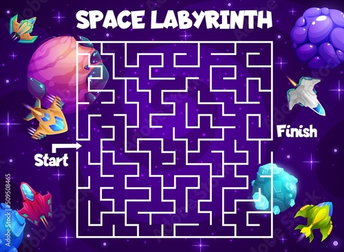 Space labyrinth maze help to starships find his friend in galaxy. Cartoon vector kids board game with path, start and finish in cosmos. Educational children riddle, family preschool boardgame activity