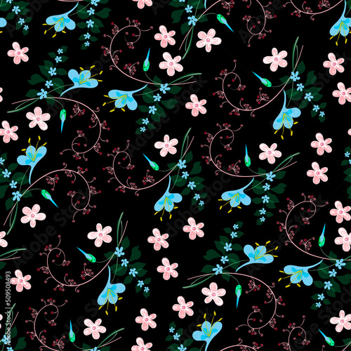 Vector seamless floral pattern of pink and blue flowers, inflorescences collected in a brush, different bright beautiful print on a black background for the design of silk fabric, scarfs, hijab.