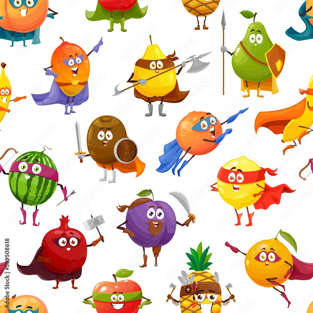 Obraz premium Cheerful fruits superhero and defender characters vector seamless pattern. Cartoon fruit food personages background of apple, mango, orange and pineapple, banana, watermelon and peach with mask, cape