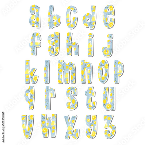 Cute lowercase alphabet with Lemonade Pattern on white silhouette and gray shadow. Lovely letter design for decoration. Vector Illustration about lettering.