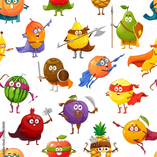 Cheerful fruits superhero and defender characters vector seamless pattern. Cartoon fruit food personages background of apple, mango, orange and pineapple, banana, watermelon and peach with mask, cape