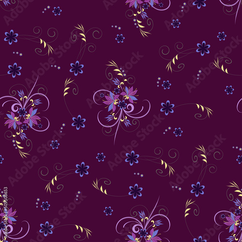 Vector floral seamless pattern on trendy violet tone background. A bouquet of flower and stems, small flowers scattered on the surface for the design of silk fabric