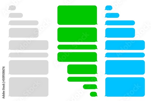 Chat message bubbles, text sms and phone messenger of mobile screen, vector speech conversation. Chat message dialog box template for smartphone messenger and social app talk interface