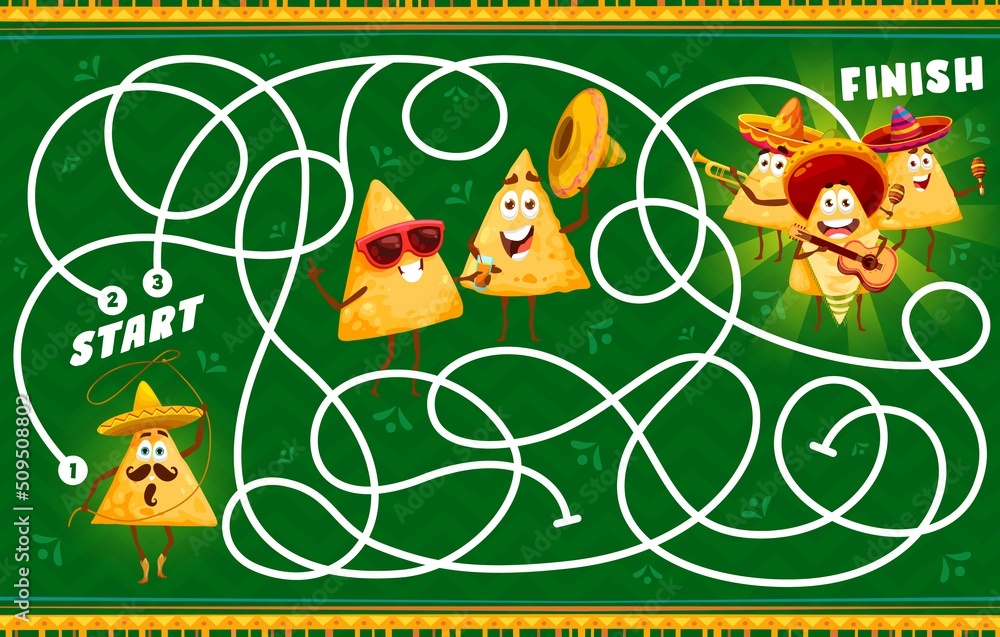 Funny mexican nachos chips characters labyrinth maze game. Pathfinding