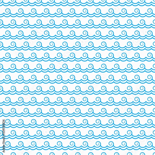 Curly blue ocean waves seamless pattern background, vector wavy tide ripples. Water wave curves and tidal zigzag curls of flowing aqua, marine and nautical swirl pattern background