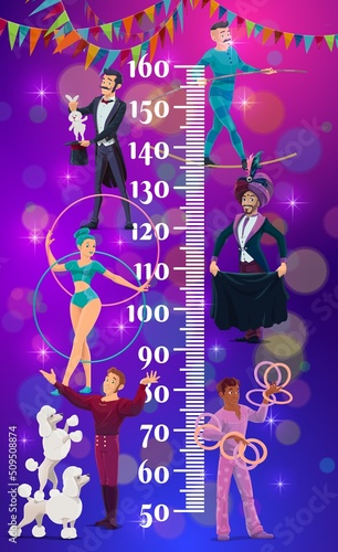 Kids height chart shapito circus performers growth meter. Vector wall sticker for children height measurement with cartoon characters magician with rabbit, rope walker, dog tamer, juggler and gymnast