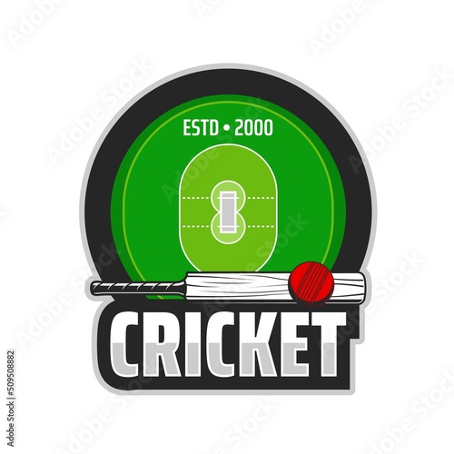 Cricket field icon, spot game club and tournament vector emblem. Cricket team league badge with ball and bat on green field stadium, championship cup sign