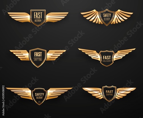 Fast shipping and safety delivery golden eagle wings, vector heraldic shields. Delivery service express shipping and courier or cargo logistics company emblems of speed wings on gold chevron shield