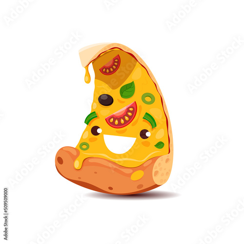 Funny pizza slice cartoon fast food character. Vector street junk meal with kawaii face. Smiling takeaway isolated pizza with olives, tomato and greenery leaves on cheese layer