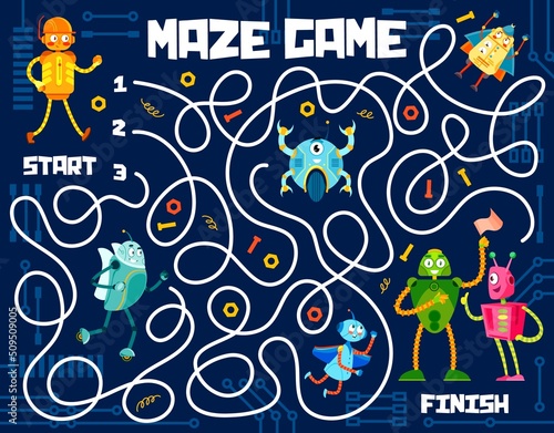 Labyrinth maze, cartoon funny robots on kids game puzzle, vector worksheet. Kids escape puzzle or labyrinth maze riddle to search and find way out for robot toys and robotic cyborg droid