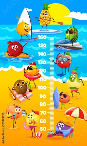 Kids height chart with cartoon fruits on beach. Vector growth meter or stadiometer ruler with tropical beach, pineapple, mango, apple and watermelon, lemon and plum, pear and kiwi, peach characters