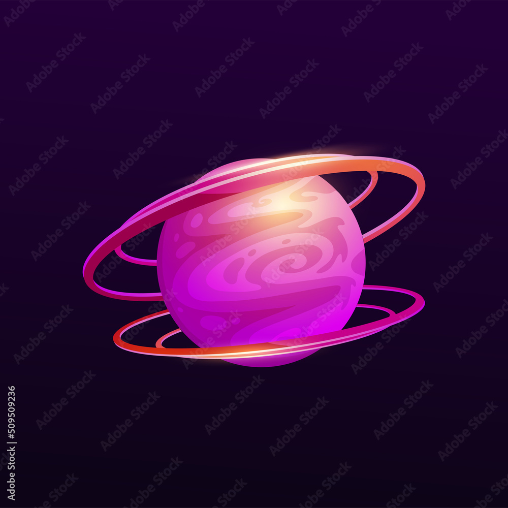 Purple space planet with two rings on vector background of cartoon ...
