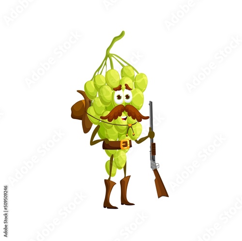Cartoon grape ranger character. Vector berry cowboy with rifle, bandit, hunter or robber grapes wild west hero with hat on back and gun. Western horseman personage