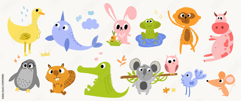 Set of abstract animal vector. Friendly wild life with lion, elephant, bear, crocodile, monkey in doodle pattern. Adorable funny animal and many characters hand drawn collection on white background. Set of abstract animal vector. Friendly wild life with lion, elephant, bear, crocodile, monkey in doodle pattern. Adorable funny animal and many characters hand drawn collection on white background.