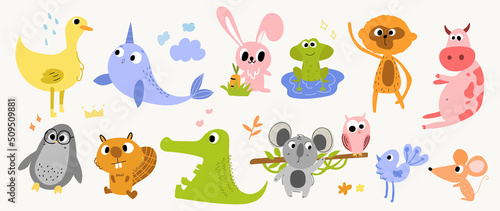 Set of abstract animal vector. Friendly wild life with lion, elephant, bear, crocodile, monkey in doodle pattern. Adorable funny animal and many characters hand drawn collection on white background. © TWINS DESIGN STUDIO