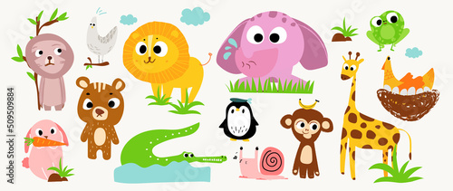Set of abstract animal vector. Lovely and friendly wild life with penguin, frog, duck, rabbit in doodle pattern. Adorable funny animal and many characters hand drawn collection on white background.