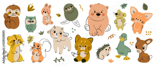 Set of cute animal vector. Friendly wild life with bear, sloth, deer, red panda, squirrel, duck in doodle pattern. Adorable funny animal and many characters hand drawn collection on white background.