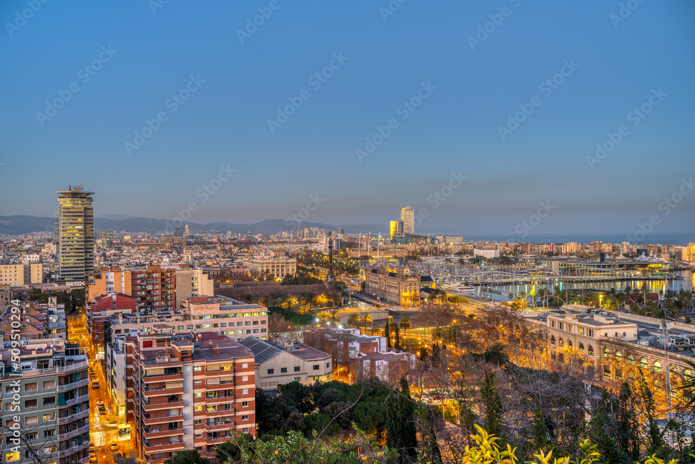 View over  downtown Barcelona from Montjuic mountain at dusk