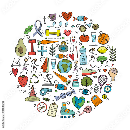 World health day. Concept art with healty lifestyle for your design