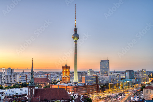 Downtown Berlin after sunset with the TV Tower and the town hall