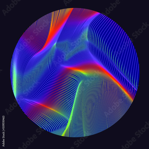 Holographic circle with pattern of glitched and distorted lines. Trendy logotype template.
