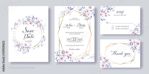 Wedding Invitation, save the date, thank you, rsvp card Design template. Vector. Wax flower. Watercolor style
