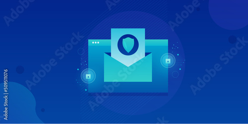 Encrypted email - email security with shield and lock, data protection concept with blue technology background.