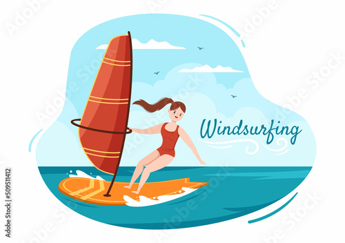 Summer Windsurfing of Water Sport Activities Cartoon Illustration with Rides the Barreled Rushing Waves or Floating on Paddle Board in Flat Style