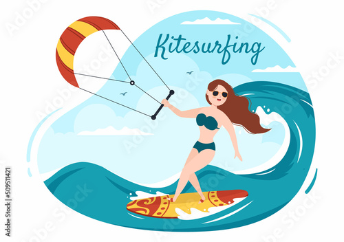 Summer Kitesurfing of Water Sport Activities Cartoon Illustration with Riding a Big Kite on a Board in Flat Style
