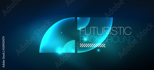 Shiny neon geometric abstract background. Glowing lights on round shapes, triangles and circles. Wallpaper for concept of AI technology, blockchain, communication, 5G, science, business