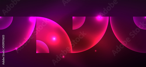 Shiny neon geometric abstract background. Glowing lights on round shapes, triangles and circles. Wallpaper for concept of AI technology, blockchain, communication, 5G, science, business