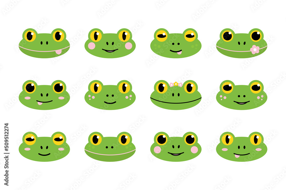 Fototapeta premium Frog icons. Big set, collection of cute cartoon style green frog characters faces, emoji. 