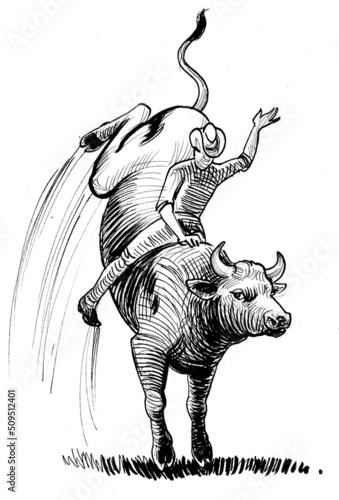 Cowboy riding a bull. Ink black and white drawing © berdsigns