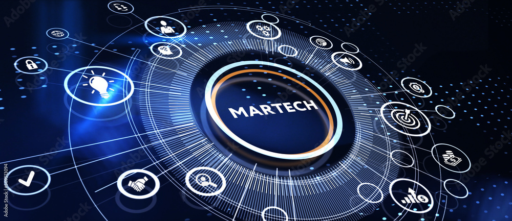 Martech marketing technology concept on virtual screen interface. Business, Technology, Internet and network concept. 3d illustration Martech marketing technology concept on virtual screen interface. Business, Technology, Internet and network concept. 3d illustration
