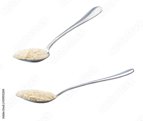 metal spoon with long rice basmati isolated on white background.