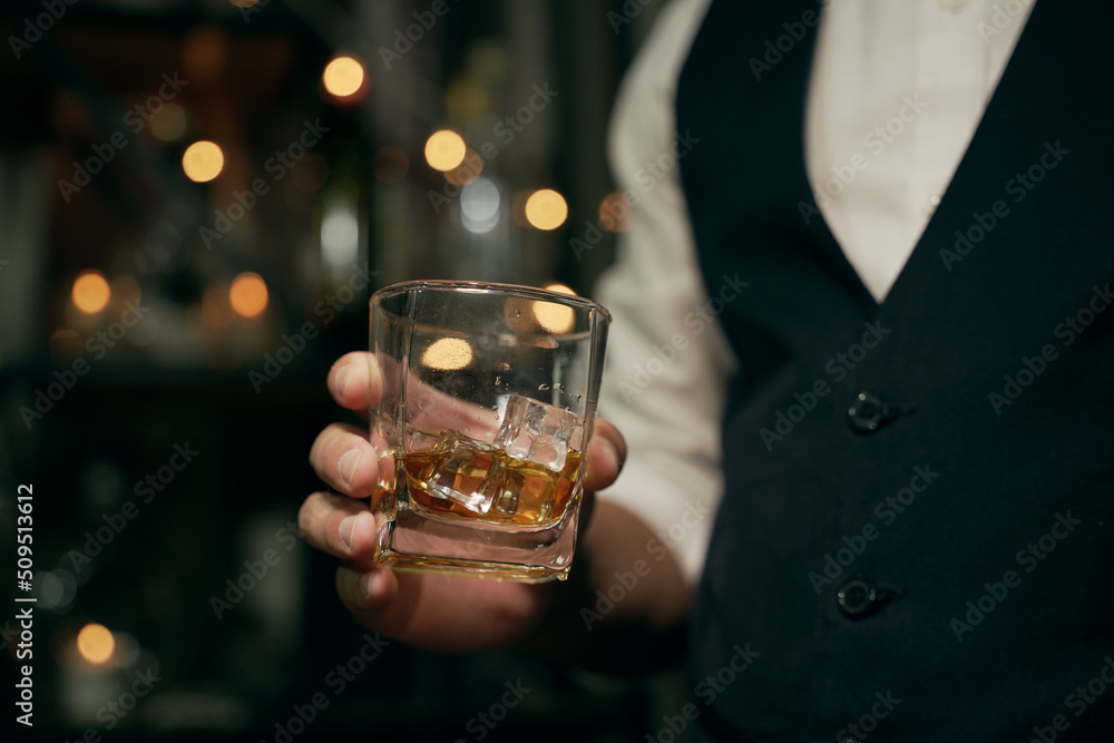 Barman pouring whiskey whiskey glass beautiful night Barman pouring whiskey whiskey glass beautiful night