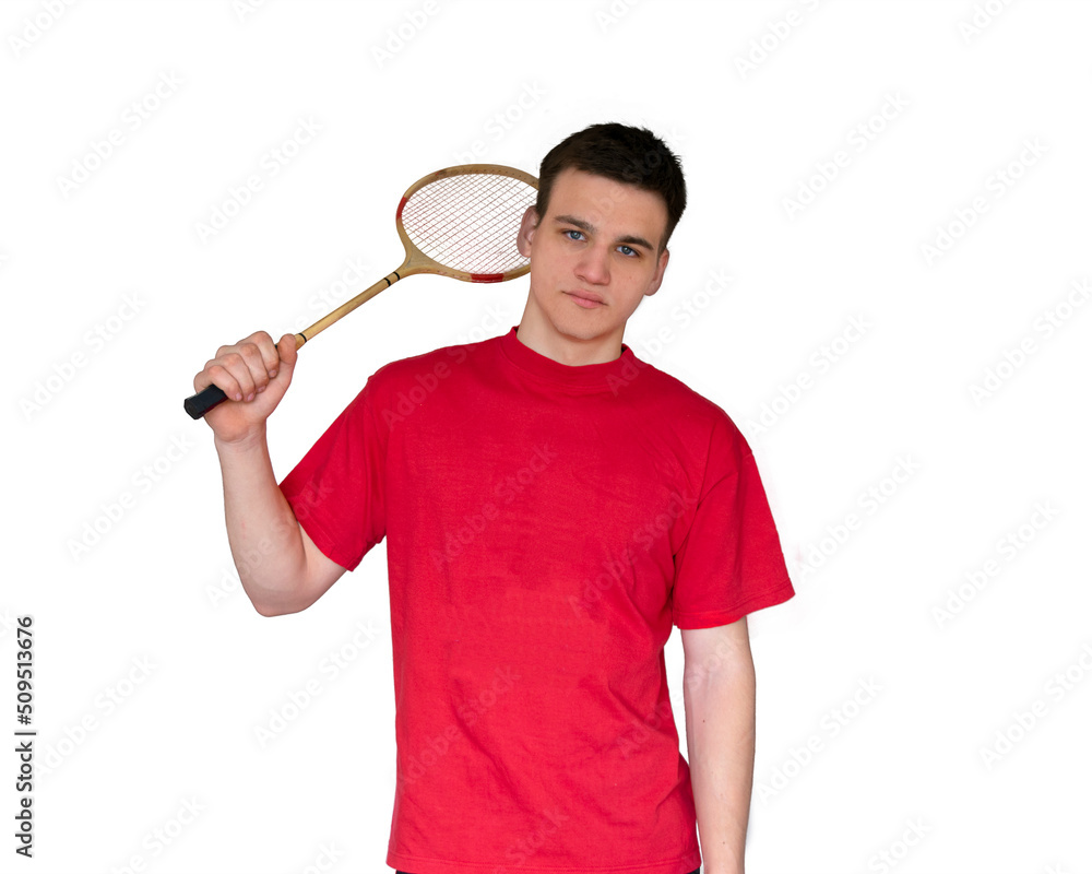 Portrait of an caucasian man holding a badminton racket isolated on a white background Portrait of an caucasian man holding a badminton racket isolated on a white background