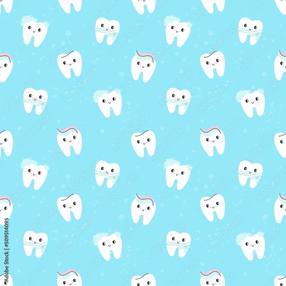Cartoon Teeth seamless pattern. Cute teeth white enamel, smiley face, dental clinic background, happy clean characters. Vector medical backdrop. Decor textile, wrapping paper, print Cartoon Teeth seamless pattern. Cute teeth white enamel, smiley face, dental clinic background, happy clean characters. Vector medical backdrop. Decor textile, wrapping paper, print