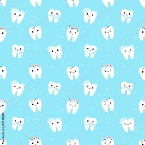 Cartoon Teeth seamless pattern. Cute teeth white enamel, smiley face, dental clinic background, happy clean characters. Vector medical backdrop. Decor textile, wrapping paper, print