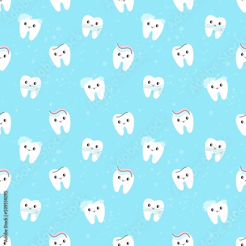 Cartoon Teeth seamless pattern. Cute teeth white enamel, smiley face, dental clinic background, happy clean characters. Vector medical backdrop. Decor textile, wrapping paper, print