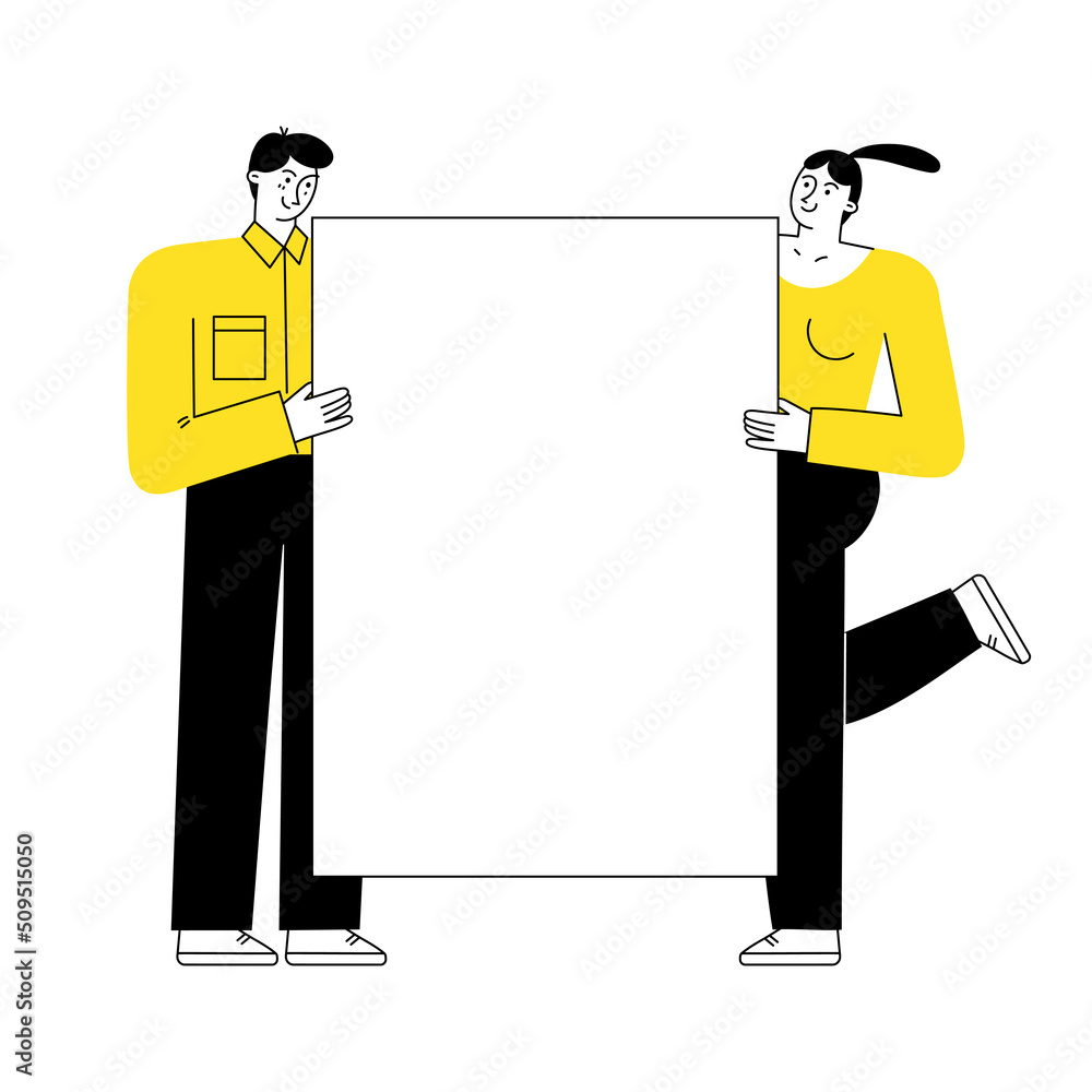 Man and Woman standing and holding big white banner. Teamwork concept.