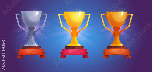 Champion cup, winner trophy. Golden prize. Achievement icon for 2d game. Cartoon vector illustration.