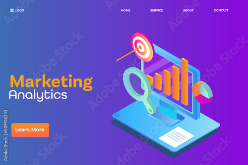 Marketing mix report, business analytics software displays graph, chart data on computer screen, isometric landing page banner.