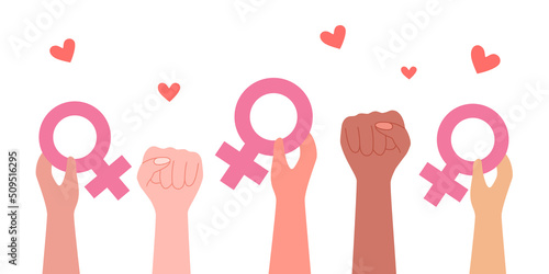 Girl power concept vector illustration. Woman fist hands and holding feminine symbol in flat design on white background.