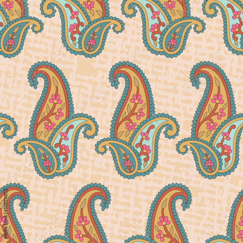 Vector textured Indian paisley seamless repeat pattern background. Good use for fabrics, upholstery, home decor, textile, etc.