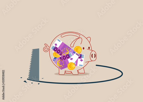 Transparent piggy bank being sawed under neath the floor to steal euro money. Financial mistake, investment risk and euro money loss in economic crisis or robbery and fraud concept.