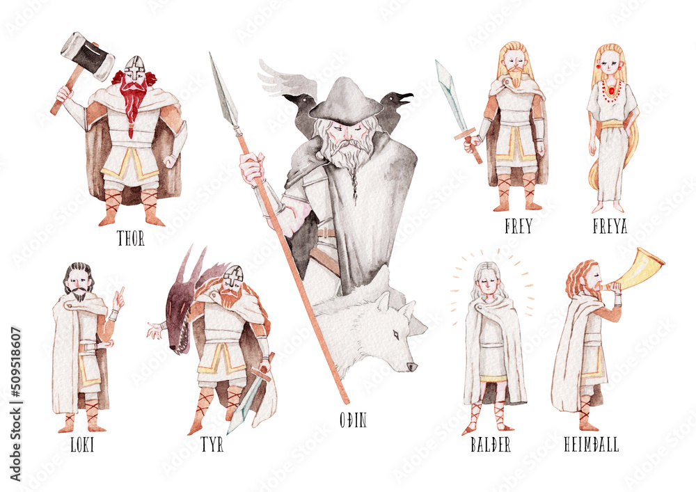 北欧神話 神 セット 水彩 イラスト 素材庫插圖 Adobe Stock